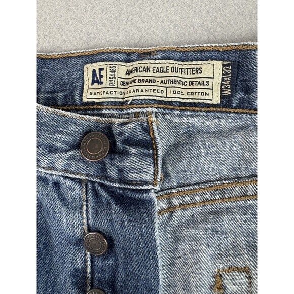 American Eagle Jeans 32x31 Blue Button Fly Relaxed Straight Distressed Tag 34x32 - Picture 12 of 14